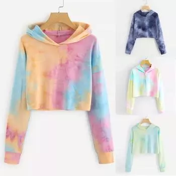 Женская мода Tie Dye Printed Hoodie Loose Long Sleeve Pullover Outdoor Casual Sweatshirt S розовый
