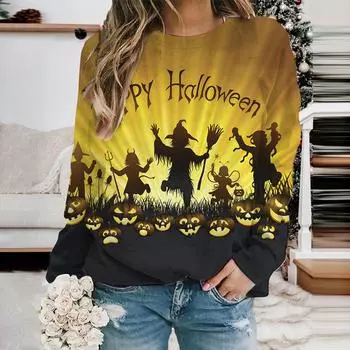 Женская мода толстовка с капюшоном Хэллоуин Призрак Летучая мышь Принт Толстовки Длинные рукава O-образный вырез Толстовки Женские топы S
