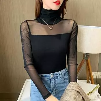 Женская мода Тонкая Сексуальная Кружевная Футболка из Марли Водолазка На все случаи жизни Длинный рукав Элегантный Пуловер Женский Шикарный Однотонный Повседневный Топ 2022 L чёрный