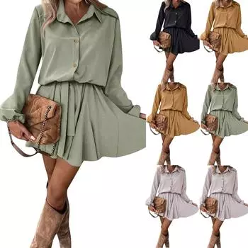 Женская мода Тонкие однотонные платья с воротником-рубашкой на пуговицах и длинными рукавами L чёрный