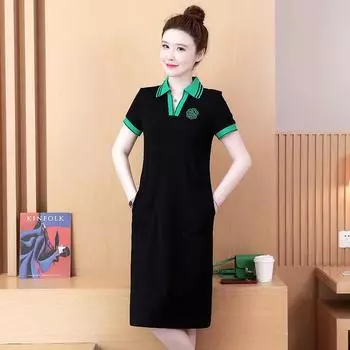 Женская мода Тонкие женские платья с вышивкой и отложным воротником Зеленые лоскутные черные платья M чёрный