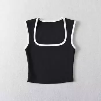 Женская мода Тонкий однотонный контрастный топик повседневный безрукавный топ с квадратным воротником укороченный топ одежда уличная одежда Mujer 2024 Y2k S бежевый