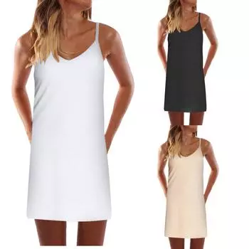 Женская мода Тонкий сексуальный трапециевидный вырез с v-образным вырезом без рукавов Повседневная юбка-платье L бежевый