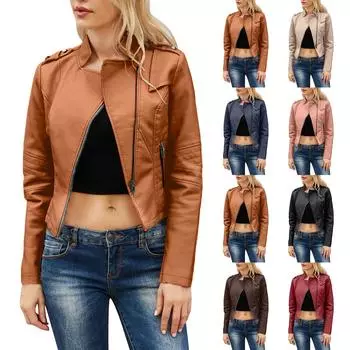 Женская мода тонкий весна и осень маленькое пальто молния кожаная куртка S чёрный