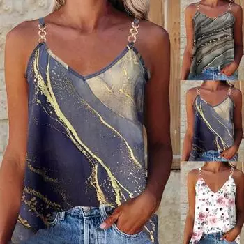 Женская мода, топ на бретельках с мраморным принтом и цепочкой, повседневный топ на тонких бретельках без рукавов с v-образным вырезом, женская одежда S белый