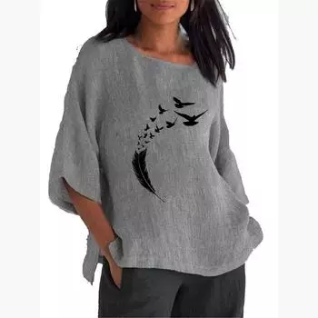 Женская мода, топ с длинными рукавами размера 3/4, женская повседневная хлопково-льняная рубашка с круглым вырезом, весна-лето, тонкая длинная рубашка с принтом S розовый