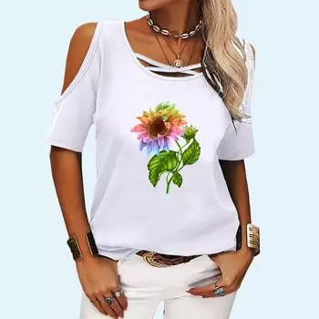 Женская мода, топ с коротким рукавом, летняя повседневная футболка с открытыми плечами и круглым воротником, пуловер, женская футболка с цветочным принтом S розовый
