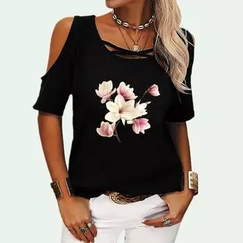 Женская мода, топ с коротким рукавом, летняя повседневная футболка с открытыми плечами и круглым воротником, пуловер, женская футболка с цветочным принтом S розовый