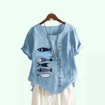 Женская мода, топ с короткими рукавами и принтом рыб, летняя повседневная хлопковая льняная футболка с круглым вырезом, пуловер, свободные блузки S белый