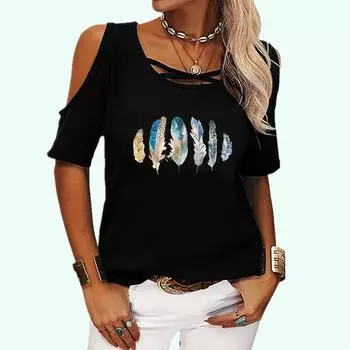 Женская мода, топ с короткими рукавами и принтом, женская летняя футболка с открытыми плечами, повседневная футболка с круглым воротником, пуловер, свободная футболка S розовый