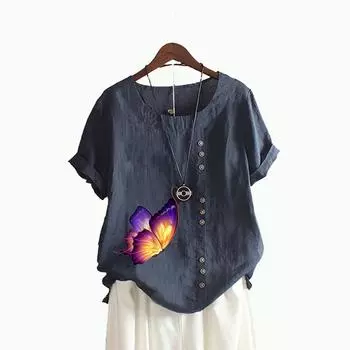 Женская мода, топ с короткими рукавами и принтом рыб, летняя повседневная хлопковая льняная футболка с круглым вырезом, пуловер, свободные блузки S белый