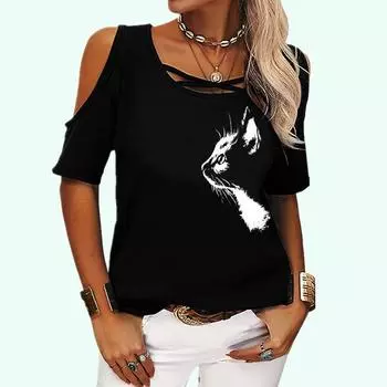 Женская мода, топ с короткими рукавами и принтом, женская летняя футболка с открытыми плечами, повседневная футболка с круглым воротником, пуловер, свободная футболка S розовый