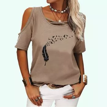 Женская мода, топ с короткими рукавами и принтом, женская летняя футболка с открытыми плечами, повседневная футболка с круглым воротником, пуловер, свободная футболка S розовый