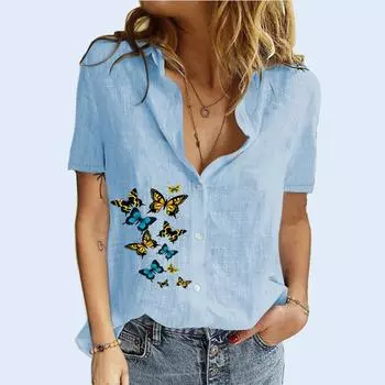 Женская мода, топ с воротником с лацканами, летние и осенние блузки с принтом, женская футболка с короткими рукавами, хлопково-льняной кардиган, футболка