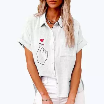 Женская мода, топ с воротником с лацканами, летняя и осенняя повседневная футболка с коротким рукавом, свободная футболка с принтом, женские льняные блузки на пуговицах S белый