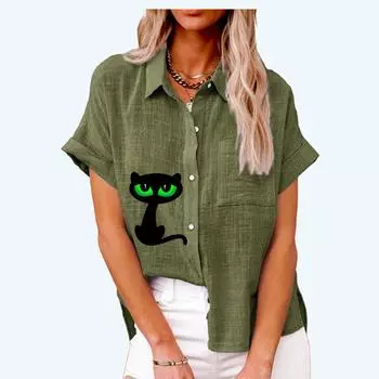 Женская мода, топ с воротником с лацканами, летняя и осенняя повседневная футболка с коротким рукавом, льняные блузки с карманом, кардиган с принтом кота, свободная рубашка S белый