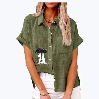 Женская мода, топ с воротником с лацканами, летняя и осенняя повседневная футболка с коротким рукавом, свободная футболка с принтом, женские льняные блузки на пуговицах S белый