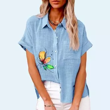 Женская мода, топ с воротником с лацканами, летняя и осенняя повседневная футболка с коротким рукавом, свободная футболка с принтом, женские льняные блузки на пуговицах S белый