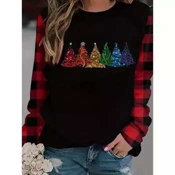 Женская мода, топы с принтом дерева, женские базовые шикарные клетчатые свитера с длинными рукавами, вязаные женские повседневные свитера S