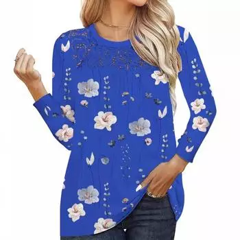 Женская мода Топы воротник длинный рукав Цветочная футболка S белый