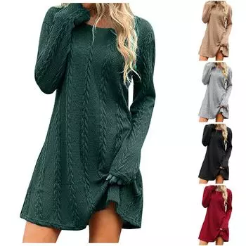 Женская мода трикотажное платье-свитер с круглым вырезом и длинными рукавами XL чёрный