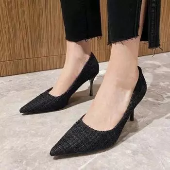 Женская мода туфли на тонком каблуке осень новые остроконечные головки неглубокий рот фланелевое лицо без застежек темперамент высокие каблуки 34 чёрный