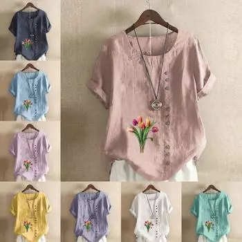 Женская мода тюльпаны принт короткий рукав футболка свободная хлопковая рубашка повседневная свободная летняя блузка топы больших размеров S розовый