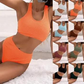 Женская мода U-образный вырез с открытой спиной и высокой талией Сплит Бикини Пружинный купальник(Два куска) XL темно-зеленого