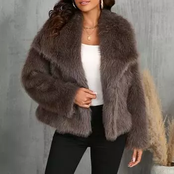 Женская мода Удобное искусственное пальто с большим лацканом Короткое пальто Плюшевая женская одежда L коричневый