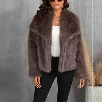 Женская мода Удобное искусственное пальто с большим лацканом Короткое пальто Плюшевая женская одежда S коричневый