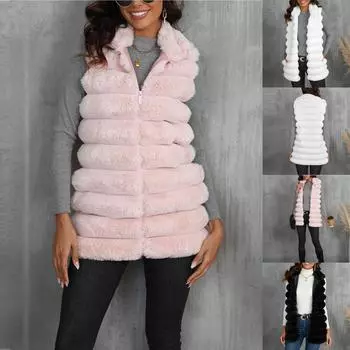 Женская мода Удобный искусственный жилет средней длины Жилет Slim Fit на молнии Большие размеры Зимняя женская одежда L чёрный