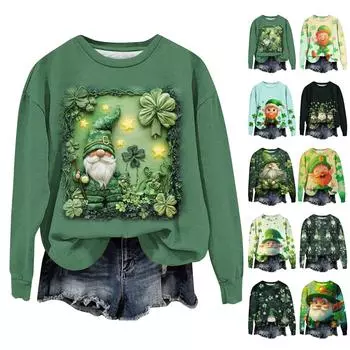 Женская мода ул.. День Святого Патрика Печатный Длинный Рукав Свободный Круглый Вырез Толстовка Топ Осень XXXL