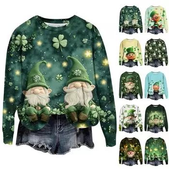 Женская мода ул.. День Святого Патрика Печатный Длинный Рукав Свободный Круглый Вырез Толстовка Топ Осень XXXXXL зелёный