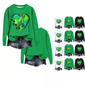 Женская мода ул.. День Святого Патрика Печатный Длинный Рукав Свободный Круглый Вырез Толстовка Топ Осень XXXXXL