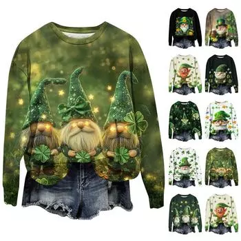 Женская мода ул.. День Святого Патрика Печатный Длинный Рукав Свободный Круглый Вырез Толстовка Топ Осень XL
