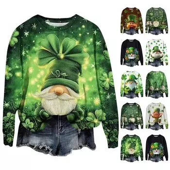 Женская мода ул.. День Святого Патрика Печатный Длинный Рукав Свободный Круглый Вырез Толстовка Топ Осень M