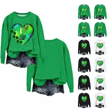 Женская мода ул.. День Святого Патрика Печатный Длинный Рукав Свободный Круглый Вырез Толстовка Топ Осень XXXL чёрный