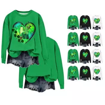 Женская мода ул.. День Святого Патрика Печатный Длинный Рукав Свободный Круглый Вырез Толстовка Топ Осень XXXXL зелёный