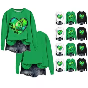 Женская мода ул.. День Святого Патрика Печатный Длинный Рукав Свободный Круглый Вырез Толстовка Топ Осень M зелёный