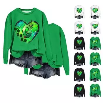 Женская мода ул.. День Святого Патрика Печатный Длинный Рукав Свободный Круглый Вырез Толстовка Топ Осень S зелёный