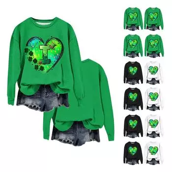 Женская мода ул.. День Святого Патрика Печатный Длинный Рукав Свободный Круглый Вырез Толстовка Топ Осень XXXXL