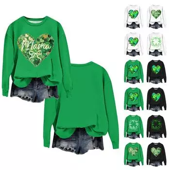 Женская мода ул.. День Святого Патрика Печатный Длинный Рукав Свободный Круглый Вырез Толстовка Топ Осень XXXXL