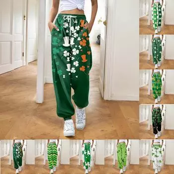 Женская мода ул.. День Святого Патрика свободные повседневные спортивные штаны с завязками и принтом L армия зеленый
