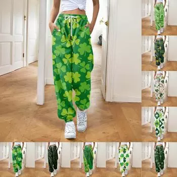Женская мода ул.. День Святого Патрика свободные повседневные спортивные штаны с завязками и принтом XXXL бежевый