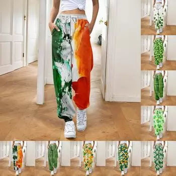 Женская мода ул.. День Святого Патрика свободные повседневные спортивные штаны с завязками и принтом L армия зеленый