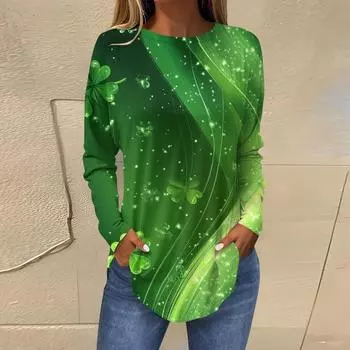 Женская мода ул.. Длинная футболка с принтом ко Дню Святого Патрика, свободная, с круглым вырезом и длинными рукавами L