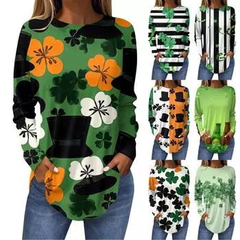 Женская мода ул.. Длинная футболка с принтом ко Дню Святого Патрика, свободная, с круглым вырезом и длинными рукавами L оранжевый