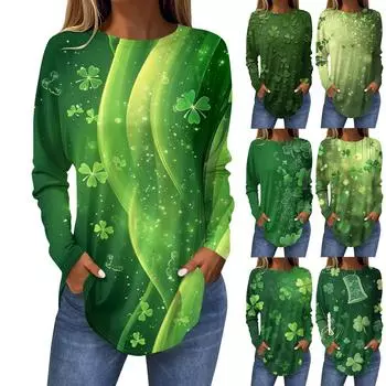 Женская мода ул.. Длинная футболка с принтом ко Дню Святого Патрика, свободная, с круглым вырезом и длинными рукавами XL