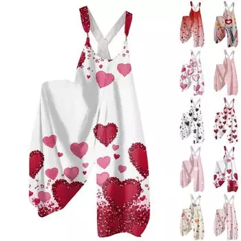 Женская мода ул.. Патрик Принт Повседневный Свободный Спинка Широкий Комбинезон L бежевый