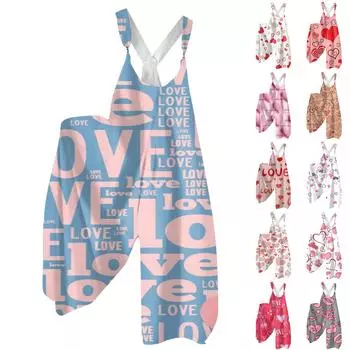 Женская мода ул.. Патрик Принт Повседневный Свободный Спинка Широкий Комбинезон L бежевый